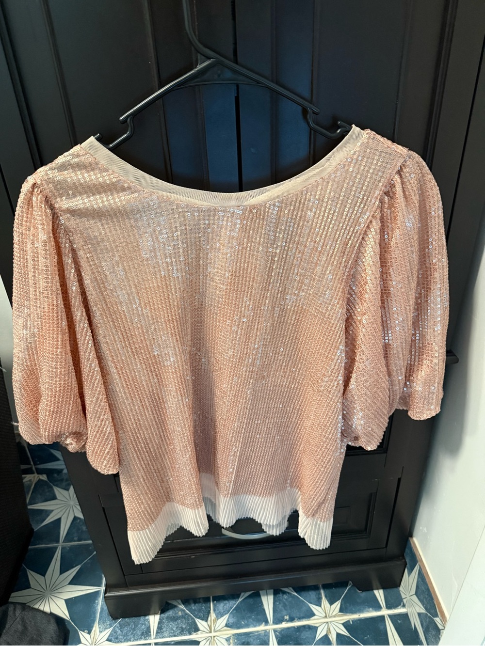 Sequin Puff-Sleeve Blouse in Blush Pink